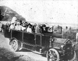 Mr Medhurst with his Chara-banc at Waihi Beach – before 1920.